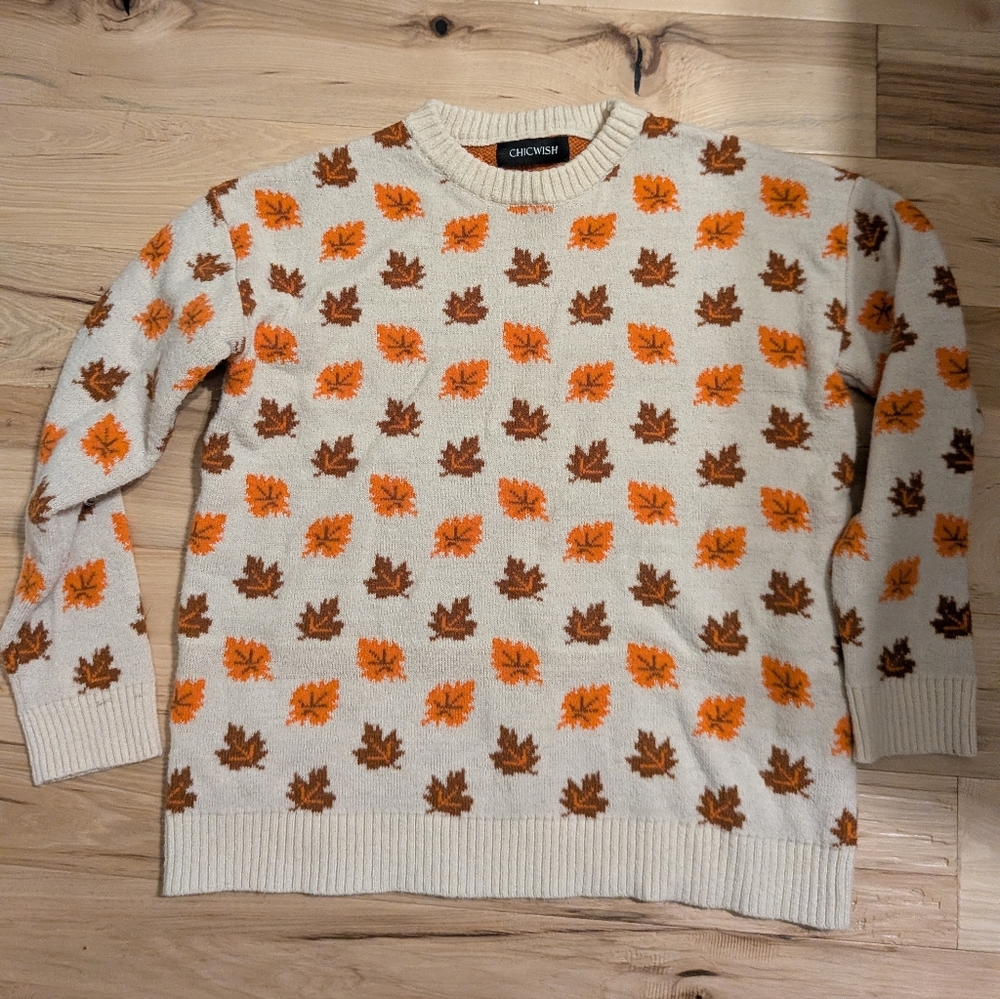 ChicWish Women's Fall Autumn Leaf All Over Print Sweater L/XL